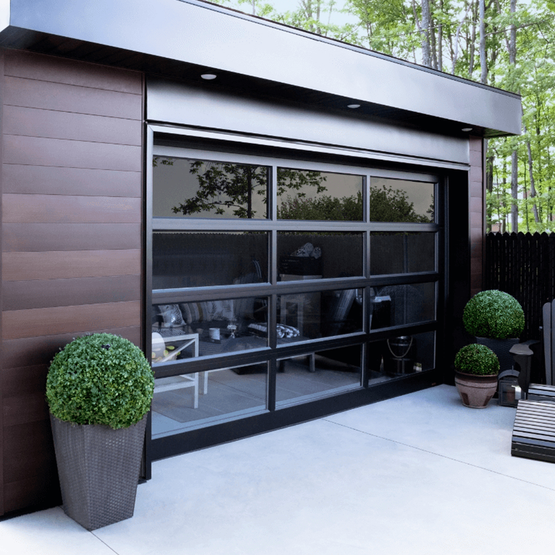 black aluminum glass garage door backyard