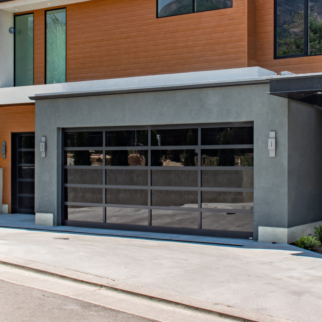 black aluminum glass garage door modern wood home